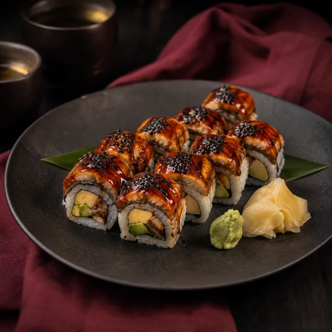 Чорний приплив - вугор, авокадо, тамаго, чорний кунжут, унагі